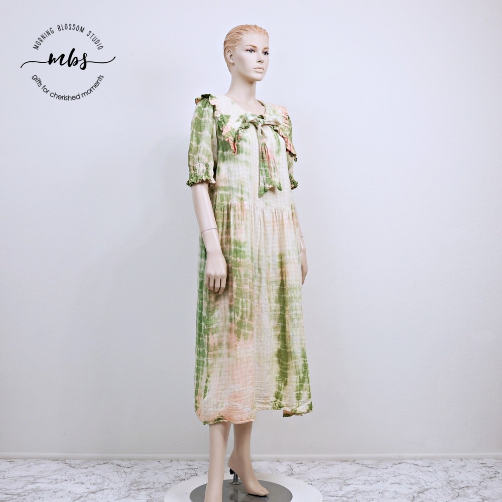 OOTO Tie Dye‎ Peter Pan Collar Ruffle Tiered Gauze Midi Dress Green Pink Women M